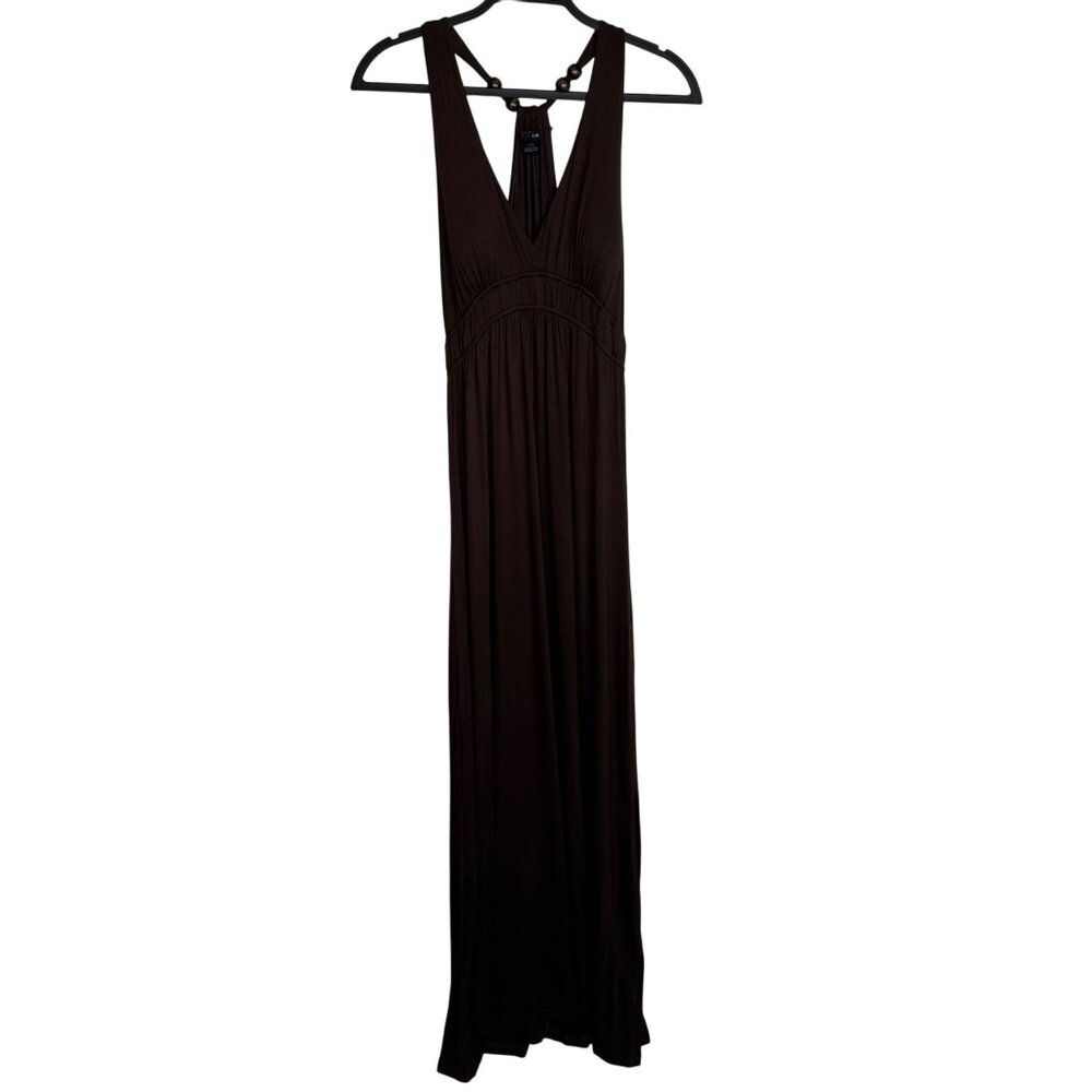 VTG Y2K Boho F21 Brown Stretchy Maxi Dress‎ Chunky Wood Beads Halter Neck Size L